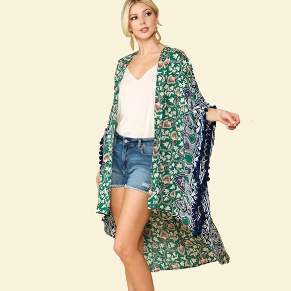 Gigio Border Print Tassel Trim Kimono • NWT • Rayon • Hi-Lo Hem • Open Front - Picture 4 of 6